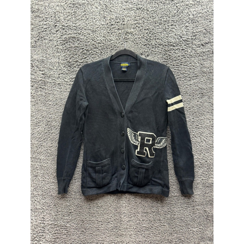 Ralph Lauren Rugby Knitted Letterman V-Neck Cardigan Sweater Black Womens Size S